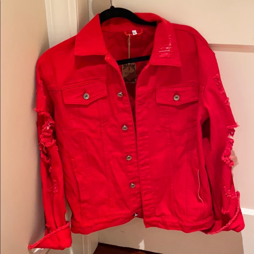Distressed red denim jacket